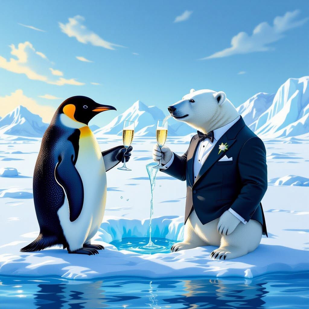 Penguin & Polar Bear in Suits Sip Champagne on Ice