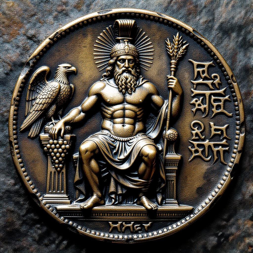 Ancient Coin Depicting Bearded Ruler on Throne