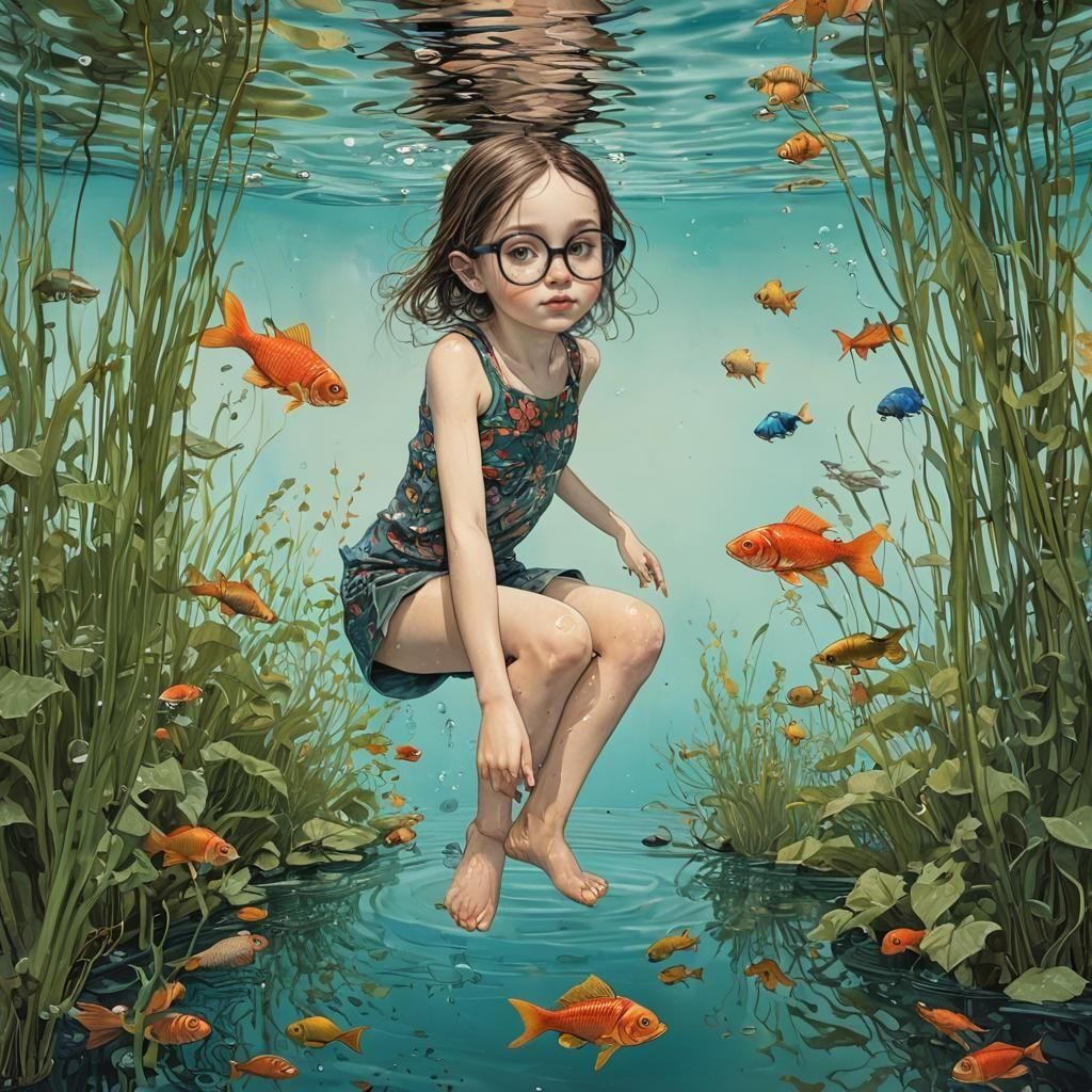 Girl Dives into Deep Water: Pen and Ink Illustration