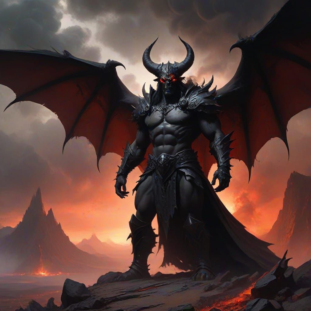 Brooding Demon Lord on Volcanic Plain in Oil Painting Style