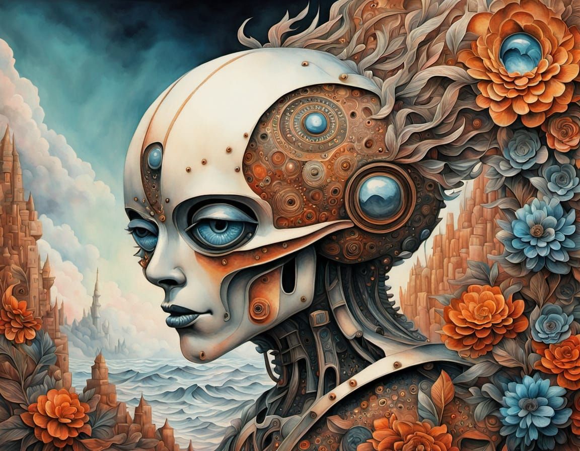 Gouache Robot in Melancholic Surrealism Style