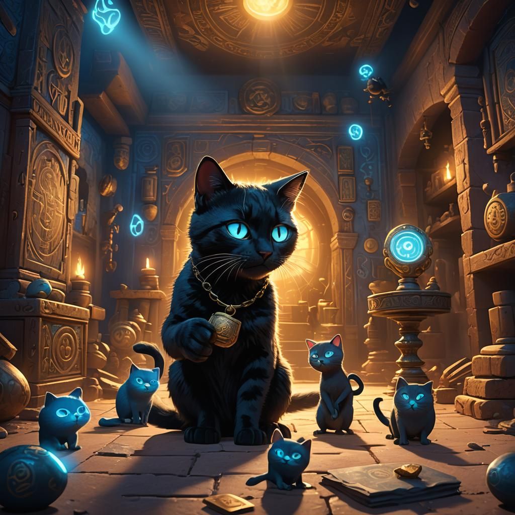 Thieves, Artifact, and Glowing Cat in Pixar Style