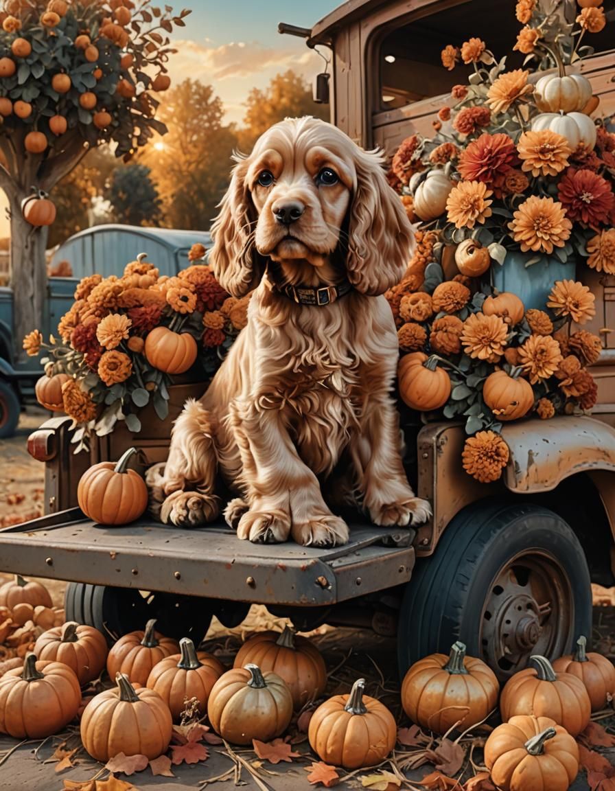 Cocker Spaniel Puppy in Antique Truck: Autumn Fantasy