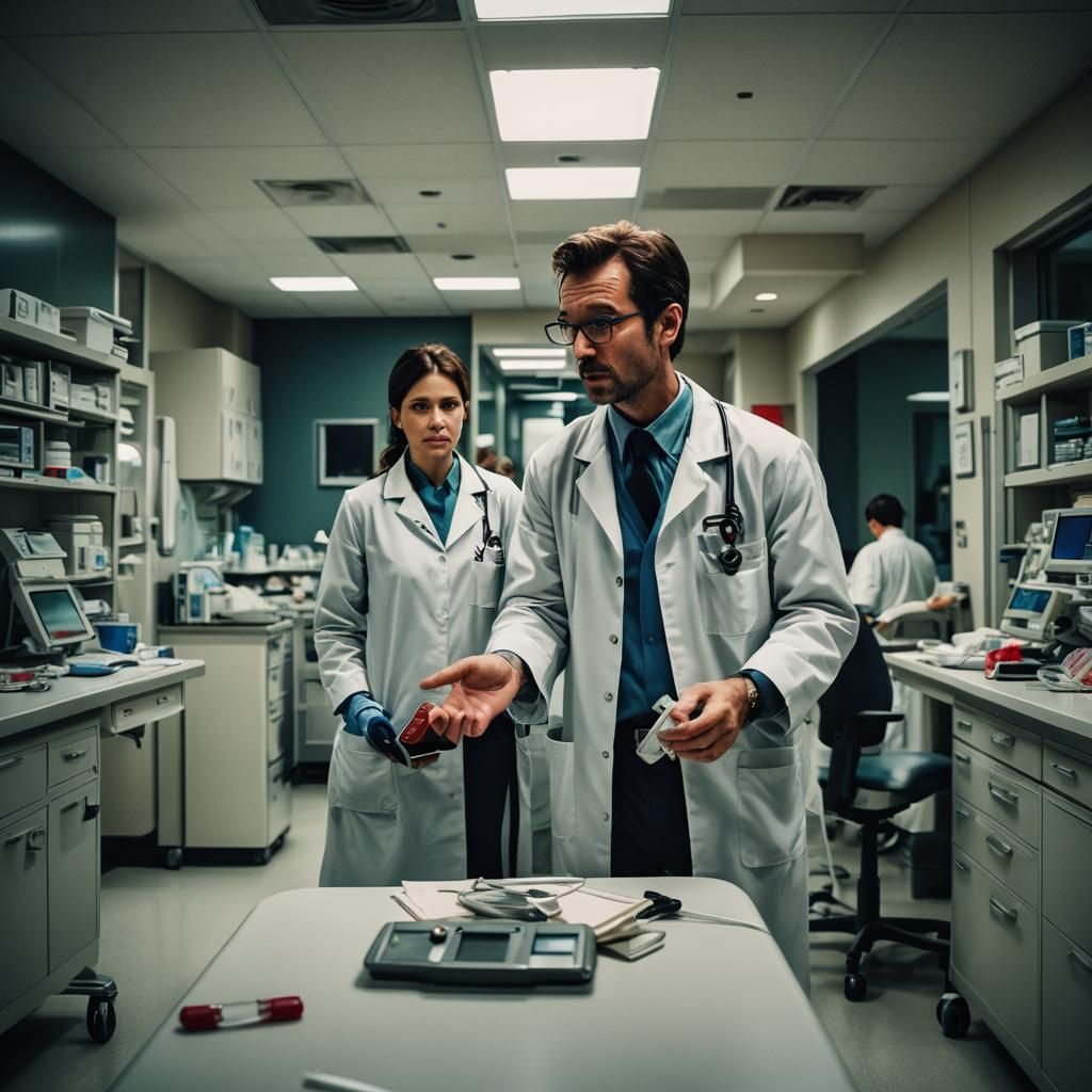 Overwhelmed ER Doctor in Dramatic Cinematic Scene