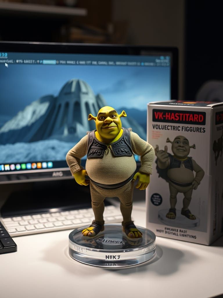 Shrek Figurine on Desk in Realistic Style