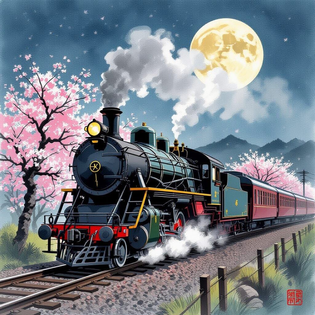 Ukiyo-e Steam Engine Under Moon with Cherry Blossoms