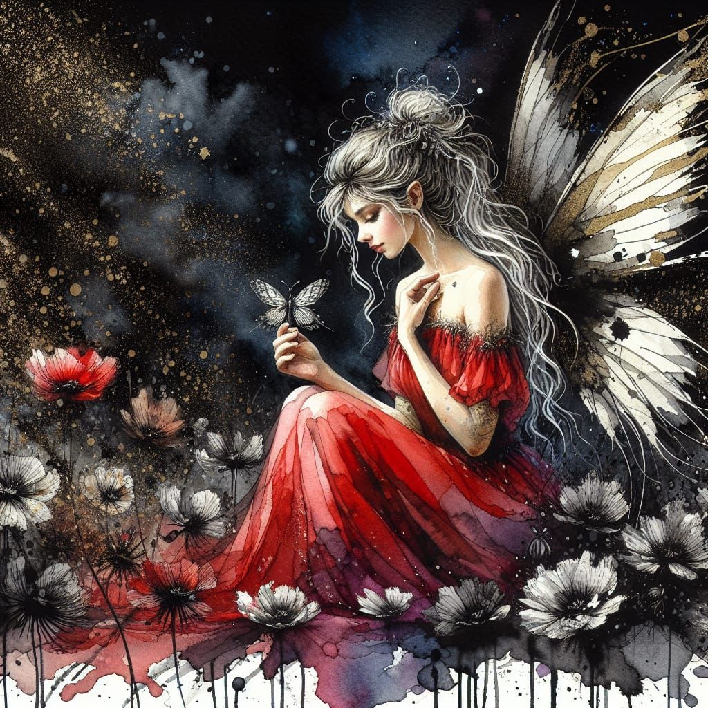 Serene Fairy in Black Flower Field: Watercolor Painting