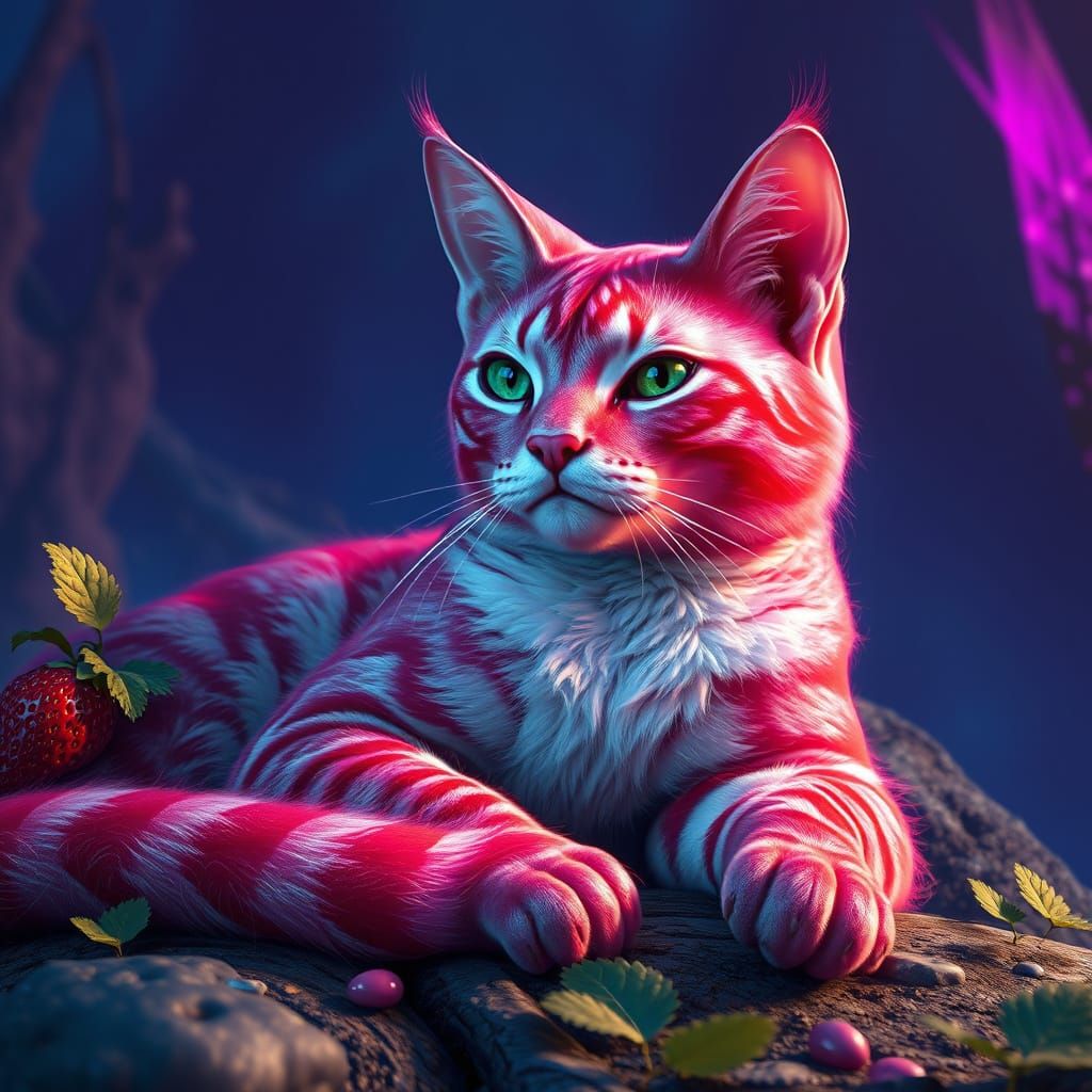 Strawberry Feline Goddess in Mystical Realm