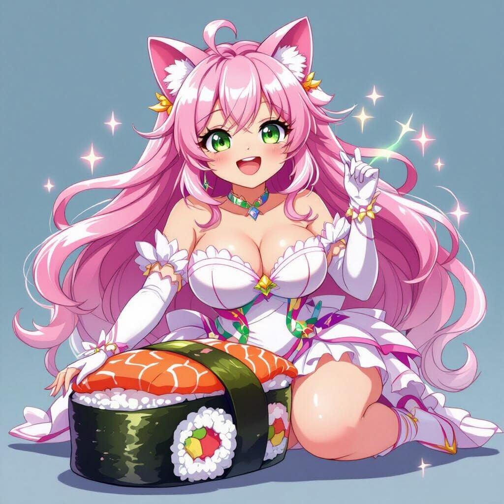 Curvy Magic Girl Eating Sushi in Anime Style