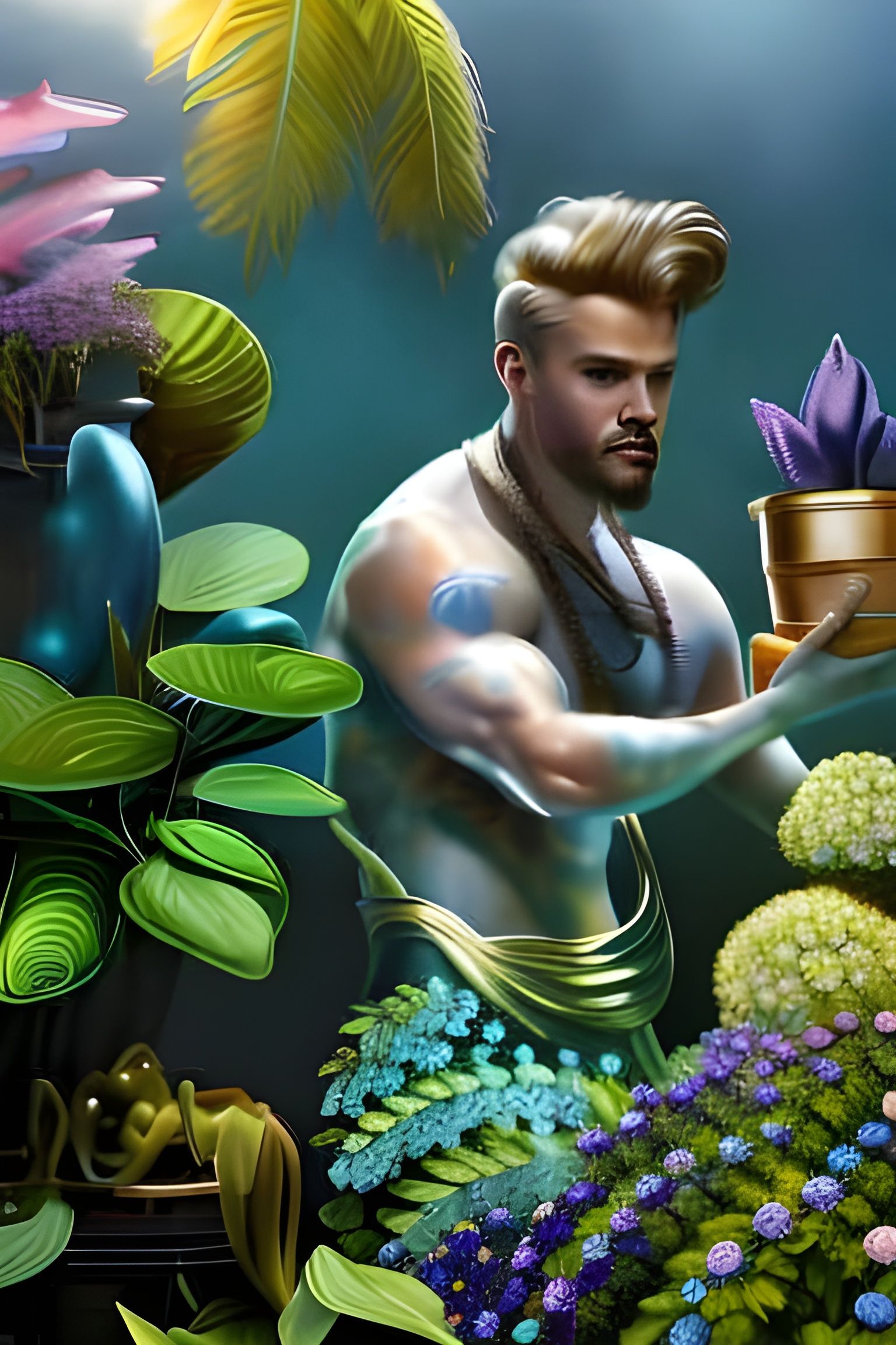 Majestic Merman Portrait Surrounded by Potted Plants