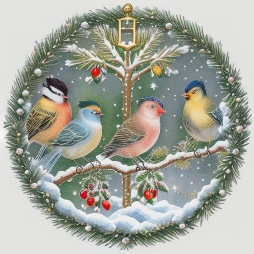 Colorful Songbirds Perched in Snowy Evergreen Tree