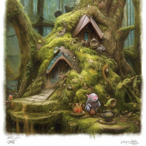 Gnome Home in Mossy Stump: Detailed Digital Art