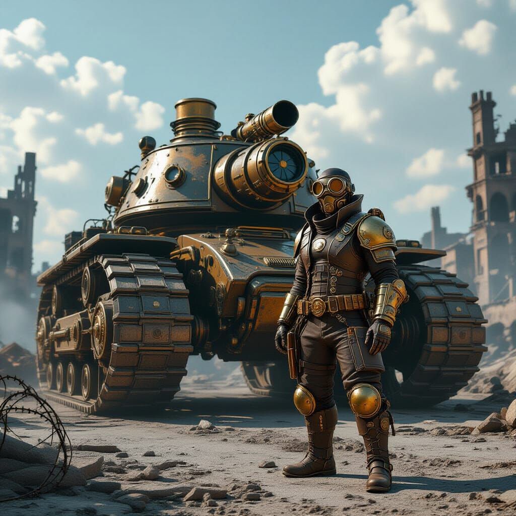 Steampunk Mechanic and Tank in Dystopian Warzone