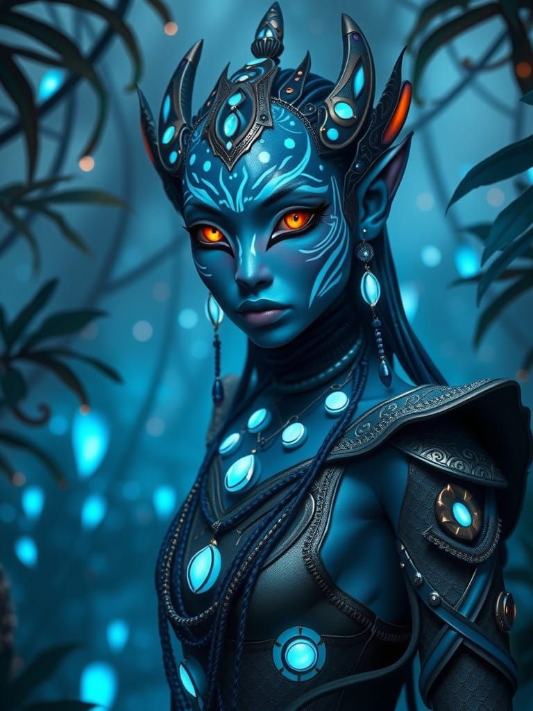 A Navi woman with iridescent, glimmering blue skin, adorned in intricately woven, organic attire crafted from natural fi...