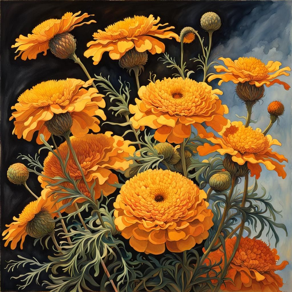 Marigold Flowers in Post-Impressionistic Style