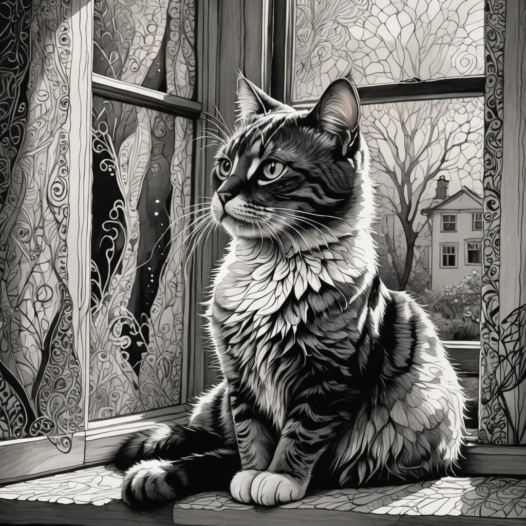 Expressive Zentangle Cat Portrait in Black and White