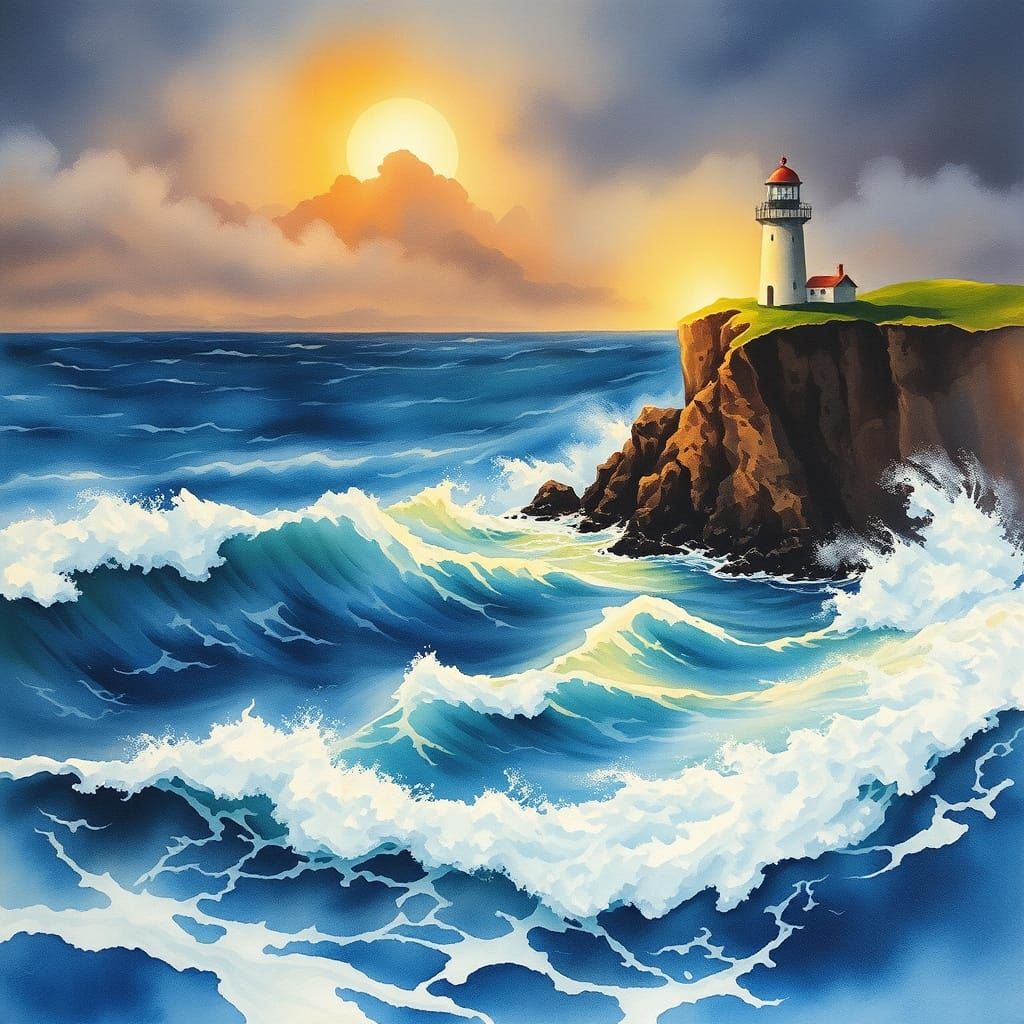 Dramatic Lighthouse Seascape in Watercolor Style