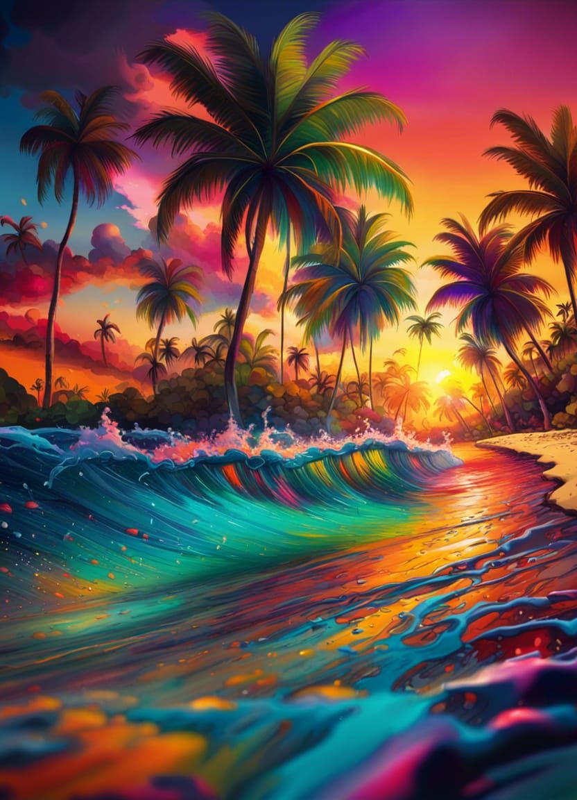 Tropical Sunset Beach in Photorealistic Graffiti Style