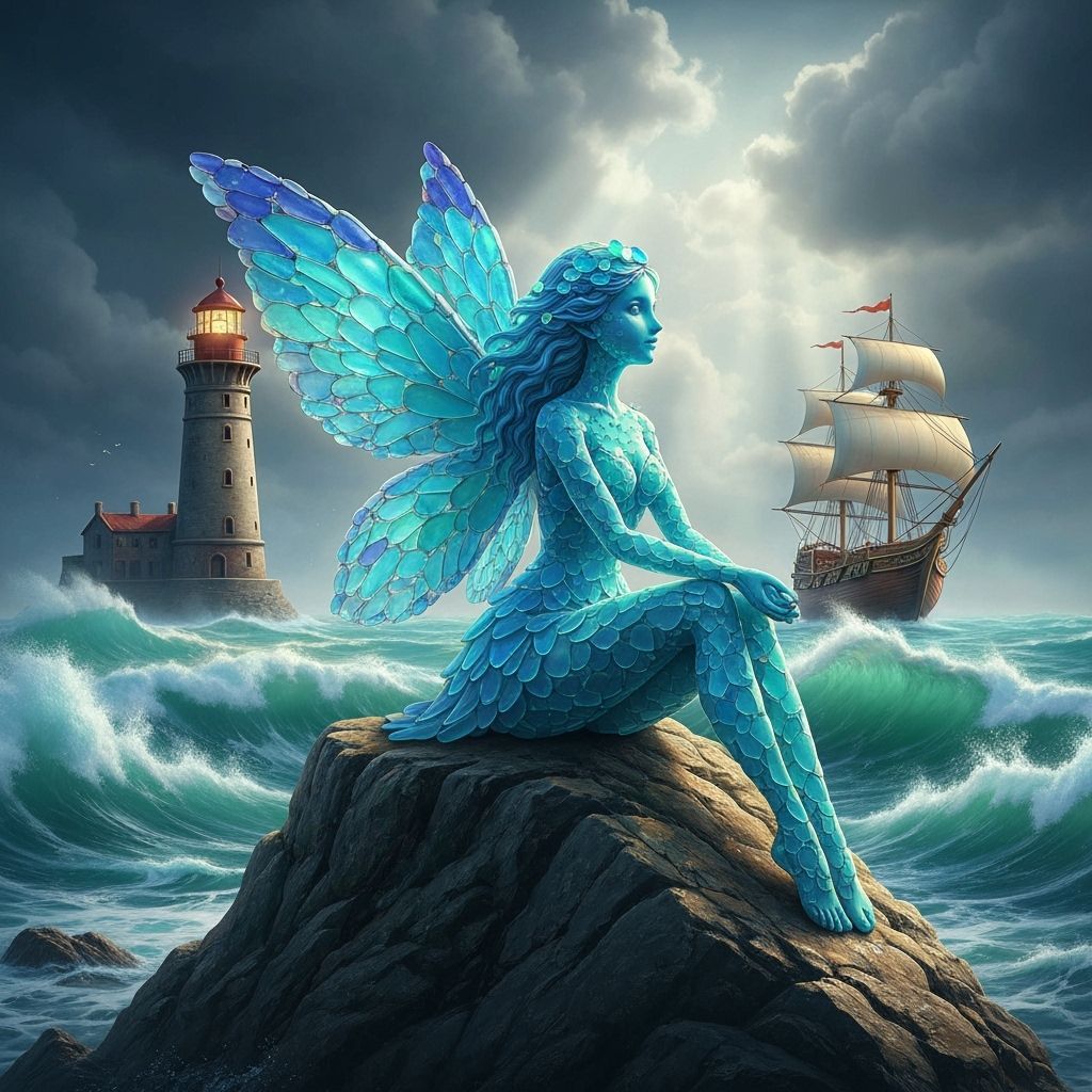 Sea Glass Fairy Statue on Rugged Rock