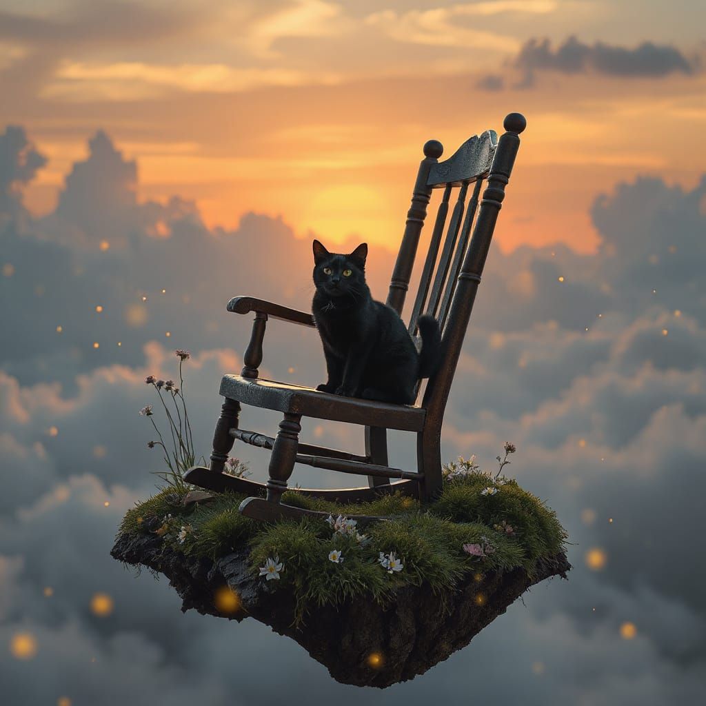 Black Cat on Floating Island in Miyazaki Style