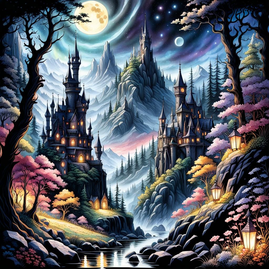 Gothic Watercolor Landscape with Twinkling Stars