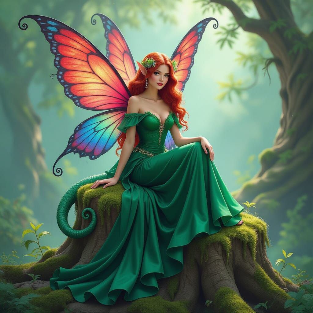 Whimsical Fairy with Lizard Tail in Emerald Gown