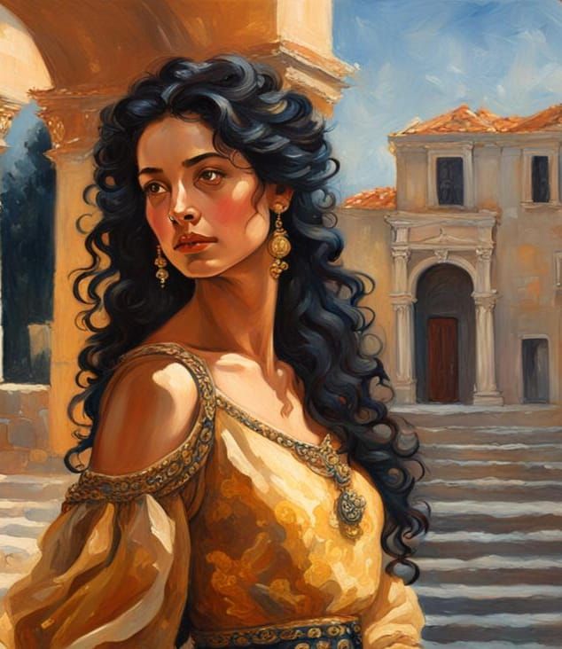 Confident Woman in Greek Gown, Oil Painting
