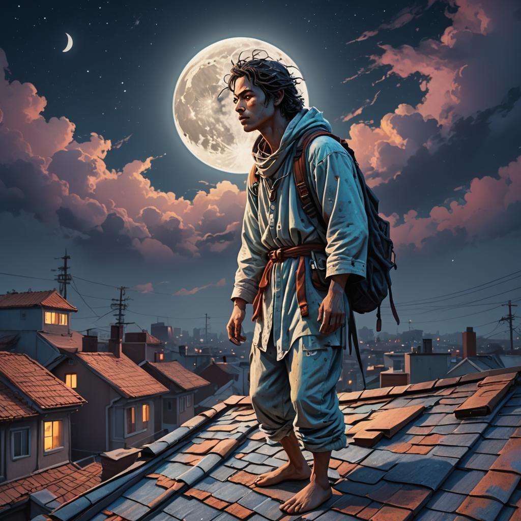 Hyperrealistic Sleepwalker on Rooftop at Full Moon
