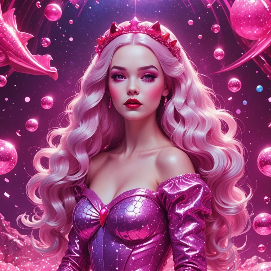 Snow White Space Mermaid in Neon Synthwave Style