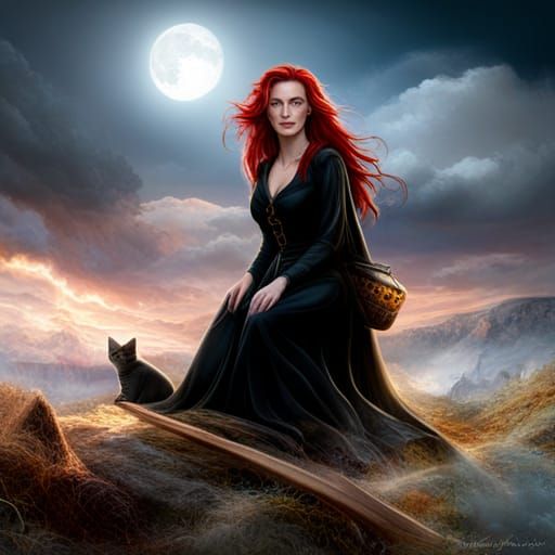 Beautiful Red-Haired Witch Flying on Broomstick