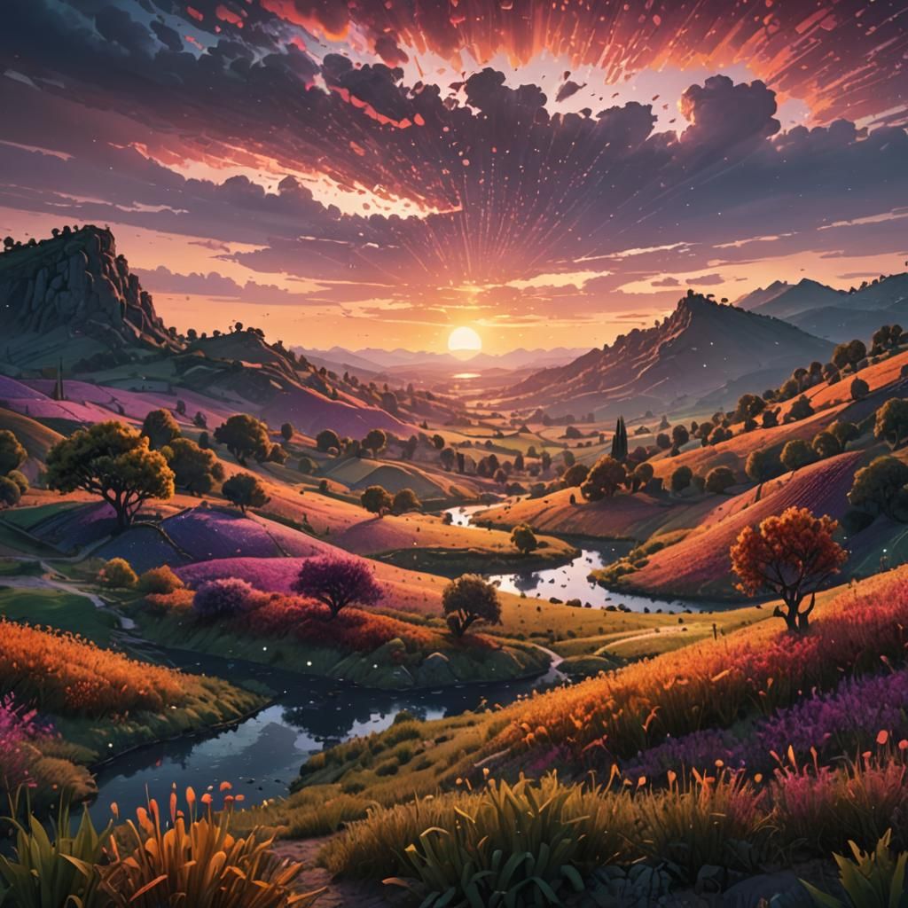 Pointillist Sunset Over Tranquil Countryside