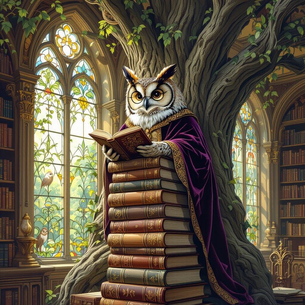 Wise Owl in Tree Library: Art Nouveau and Baroque