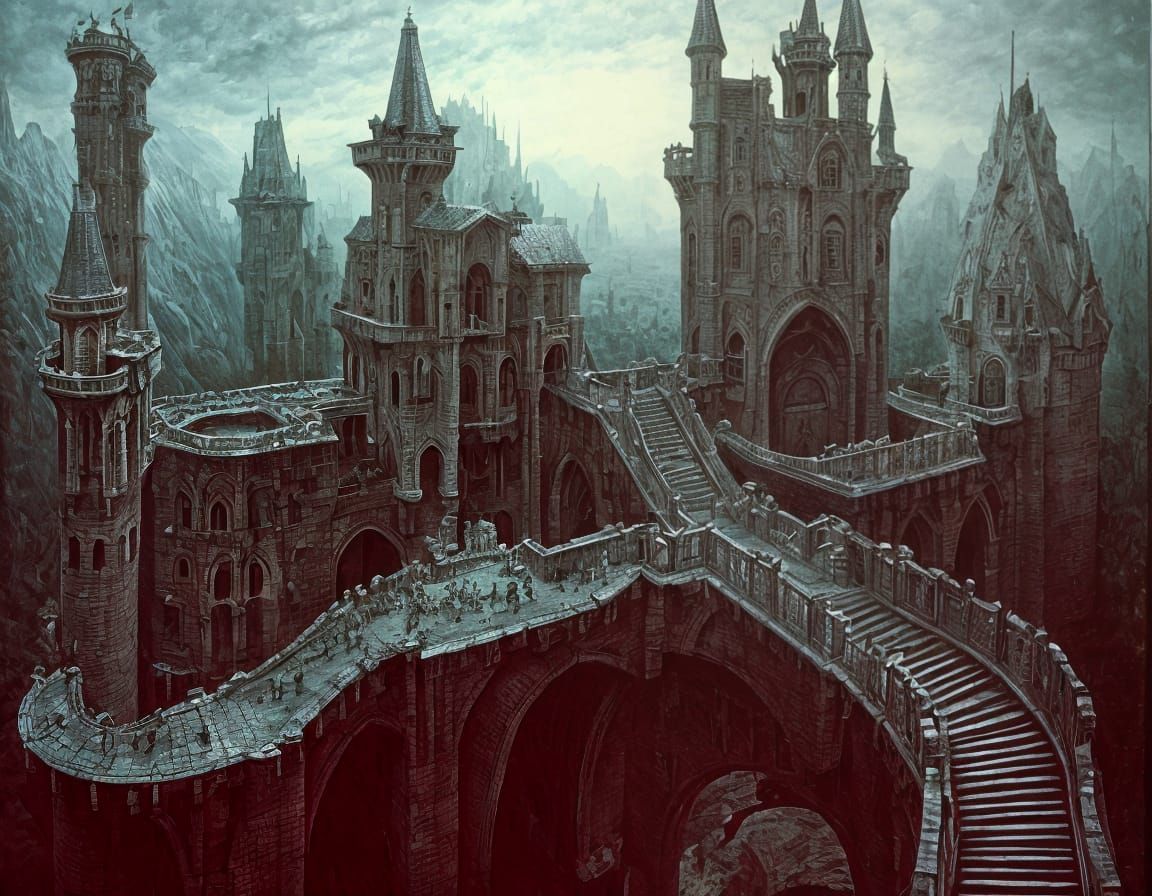 Surreal Castle with Drawbridges in Dreamlike Landscape