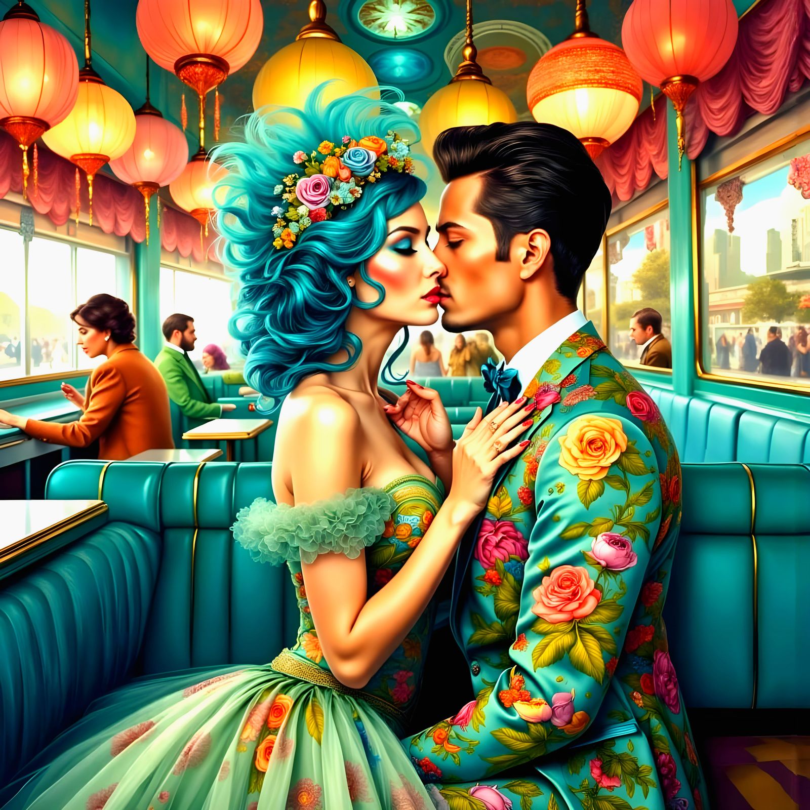 Elegant Woman in Psychedelic 1960s Diner Scene