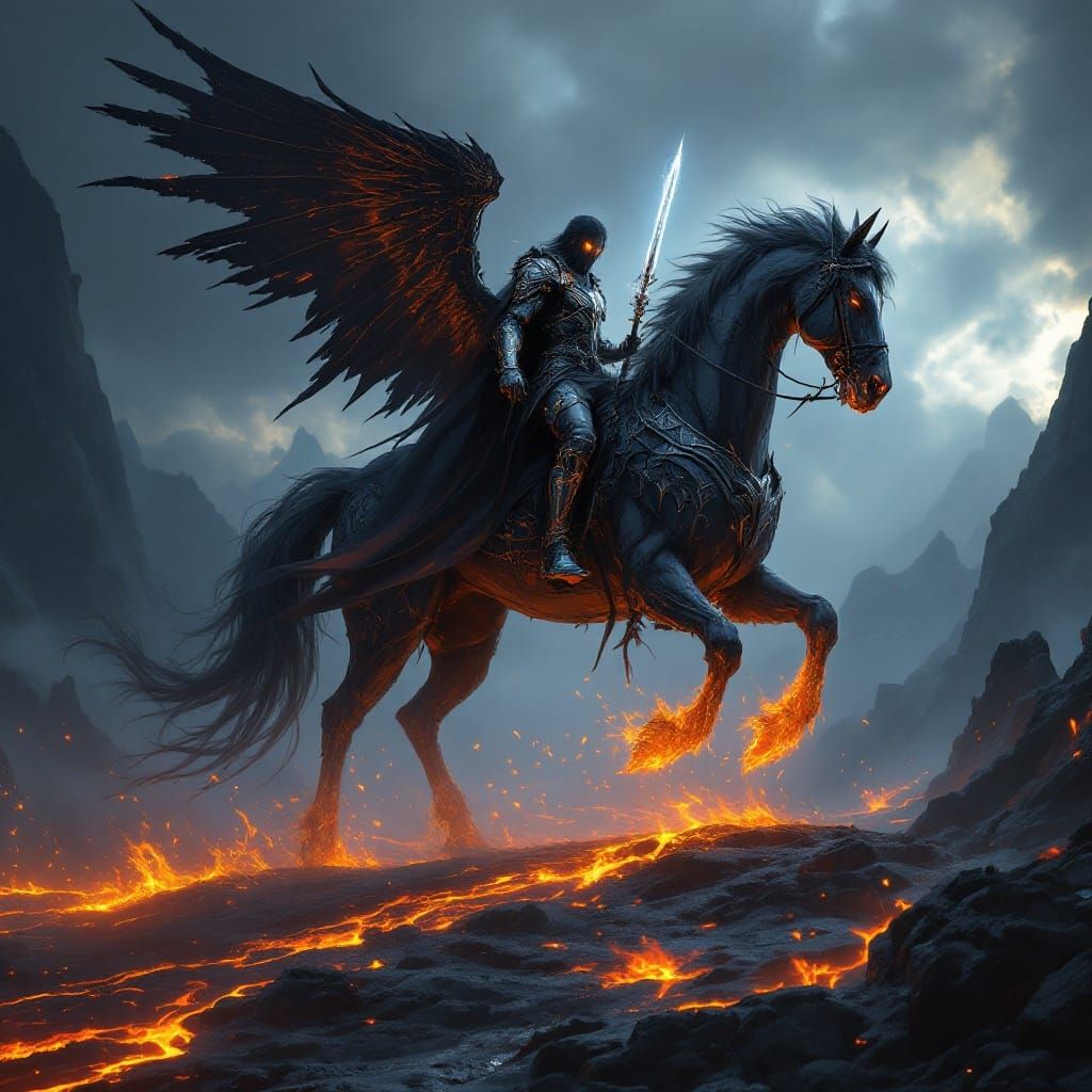 Armored Warhorse Striding Through Lava Rivers