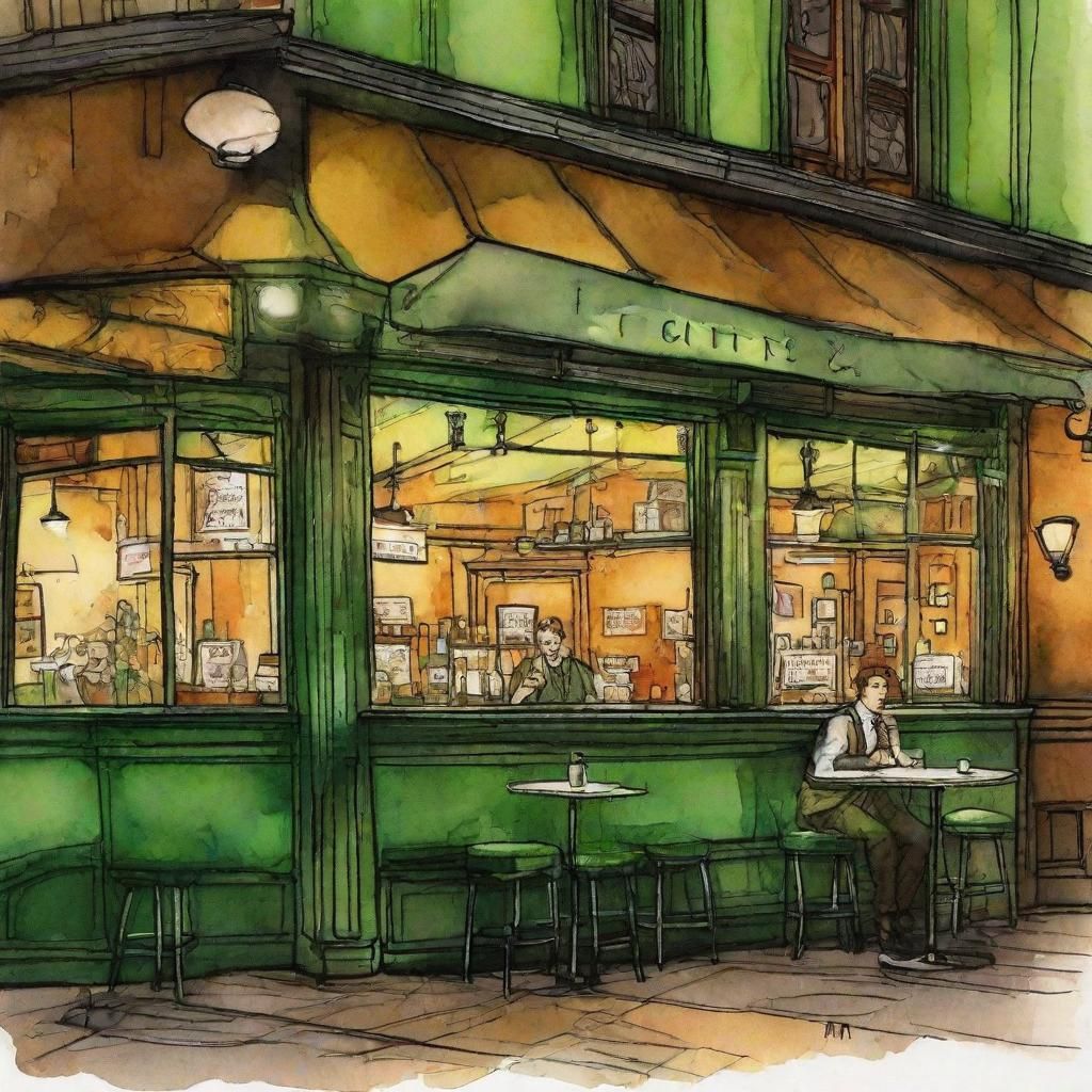 Vintage Cafe at Night in Watercolor Comic Style