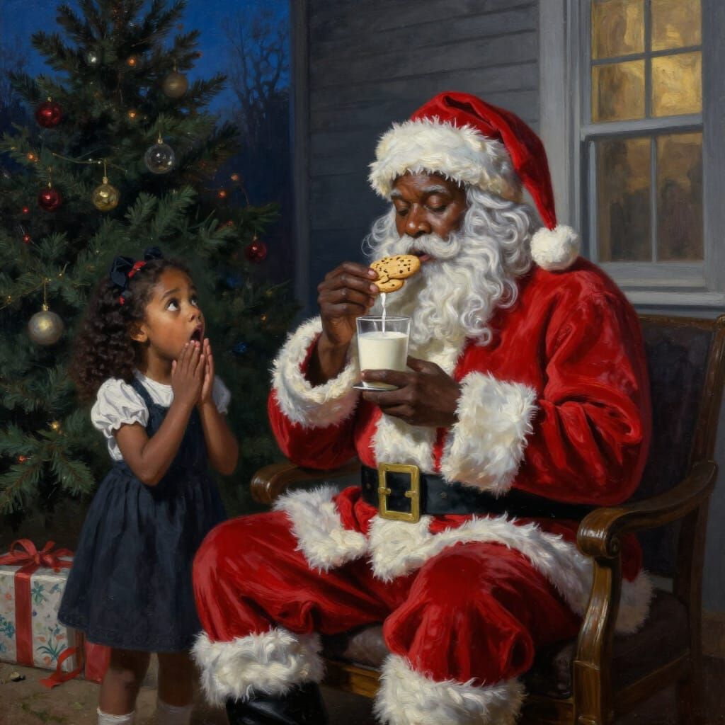 African American Santa Surprises Girl by Christmas Tree