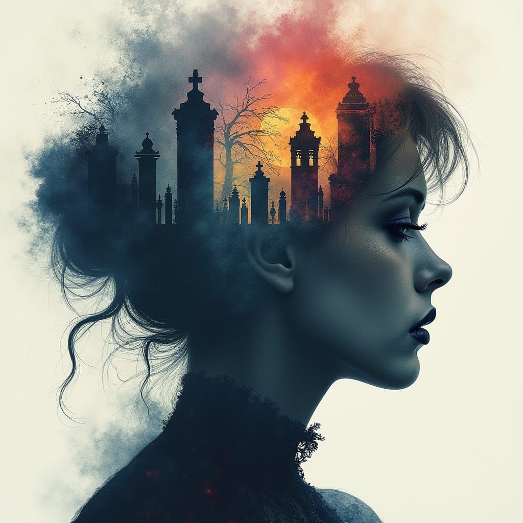 Misty Graveyard Double Exposure Portrait