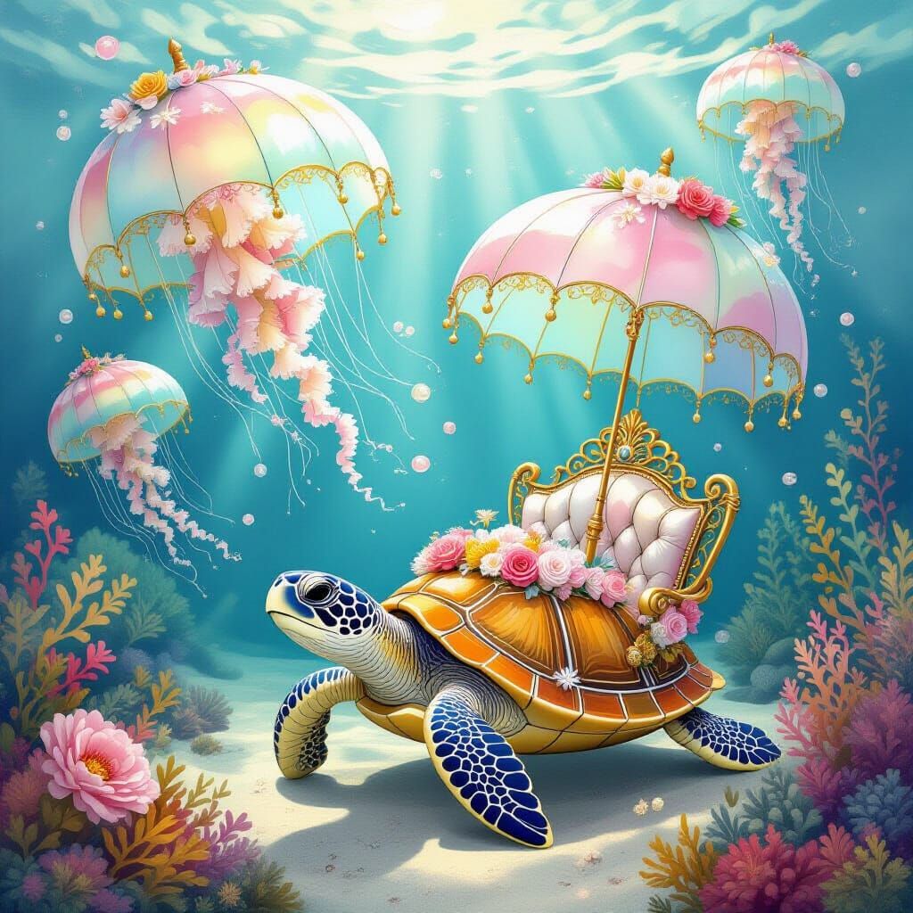 Underwater Fantasy: Jellyfish Umbrellas and Floral Sea Turtl...
