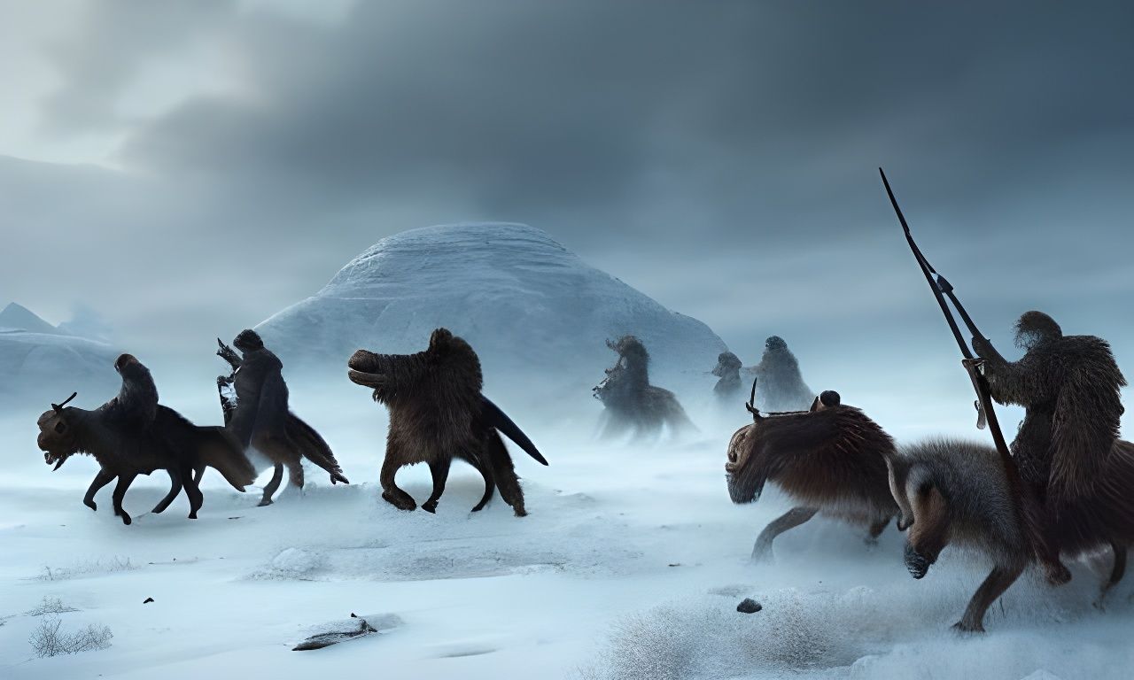 Ice Age Hunters in Winter Landscape