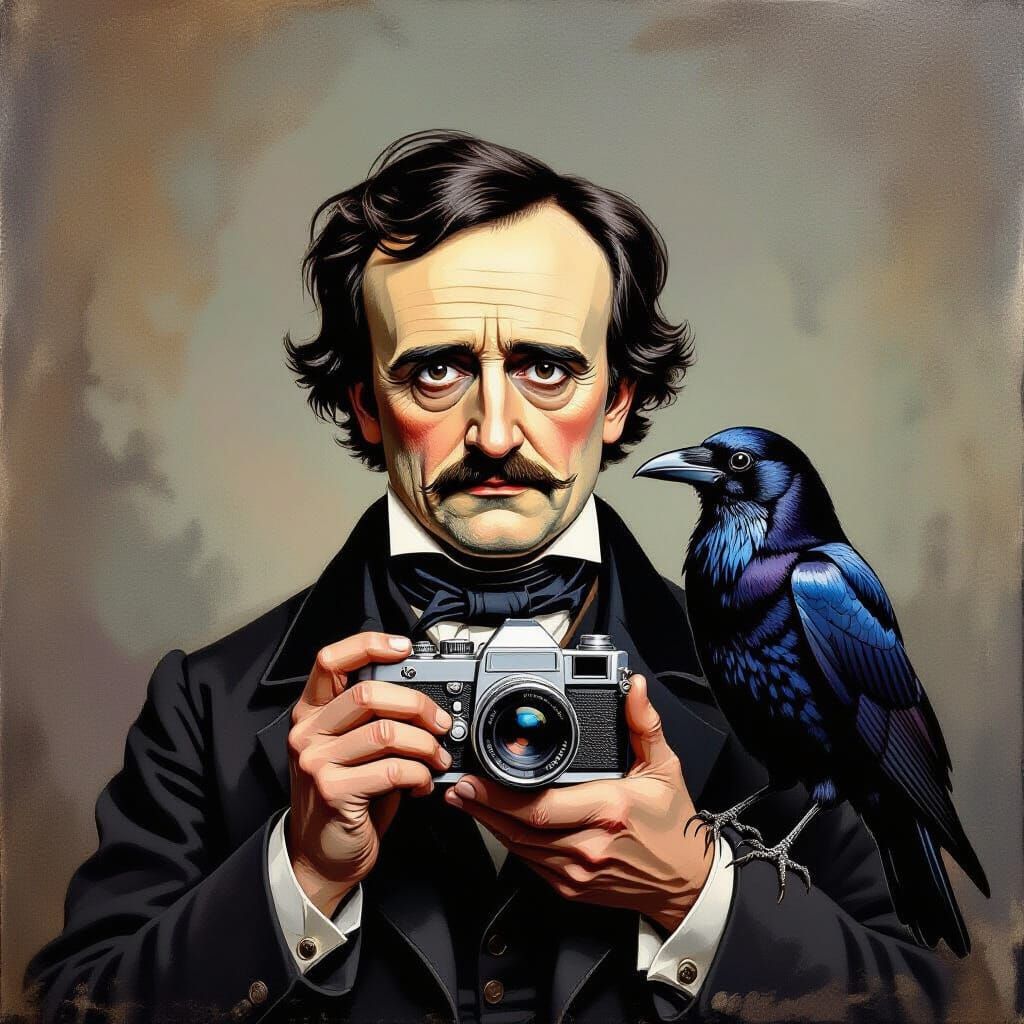 Camera in Style of Edgar Allan Poe, Gouache Painting