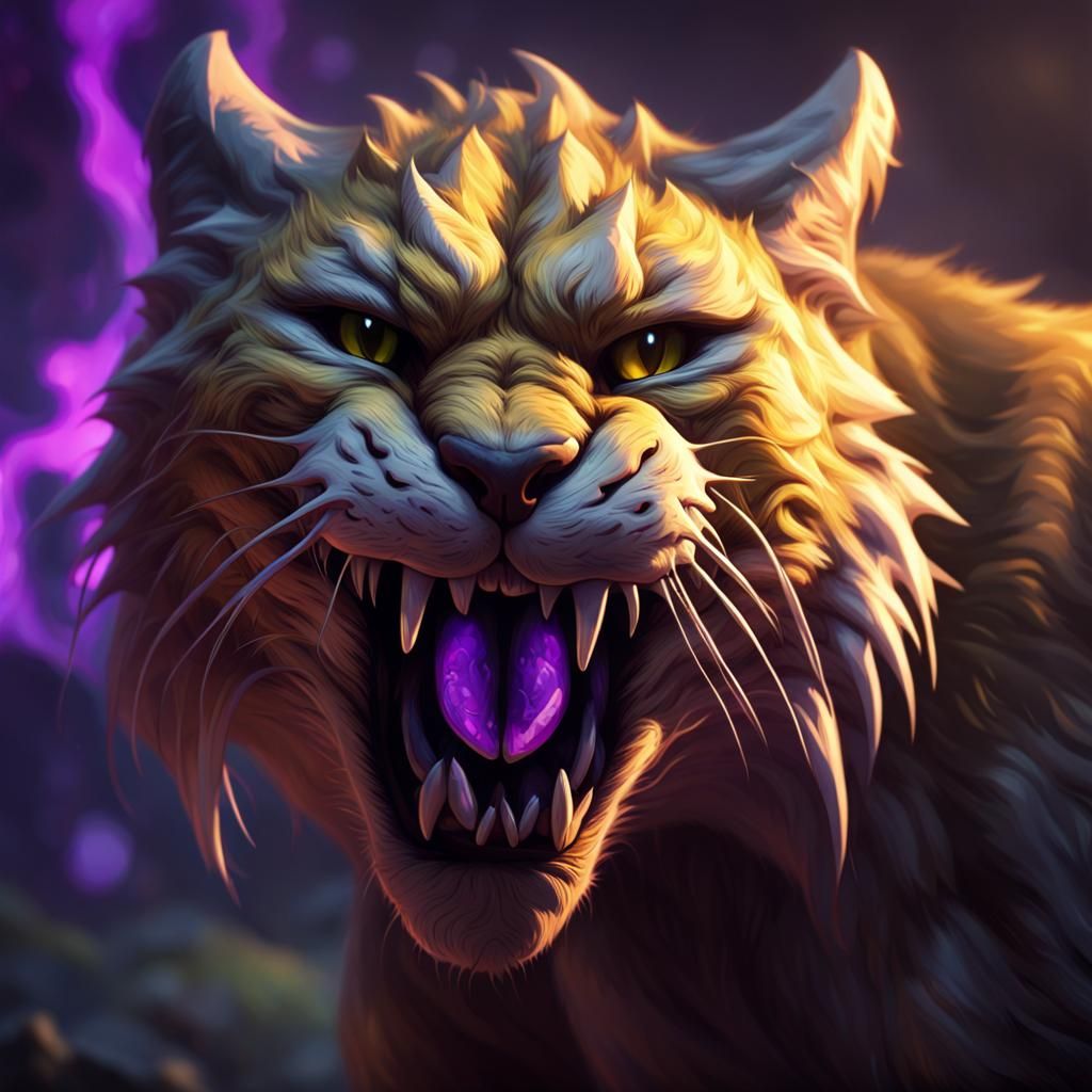 Sabertooth Cat Snarling: Dark Fantasy Concept Art