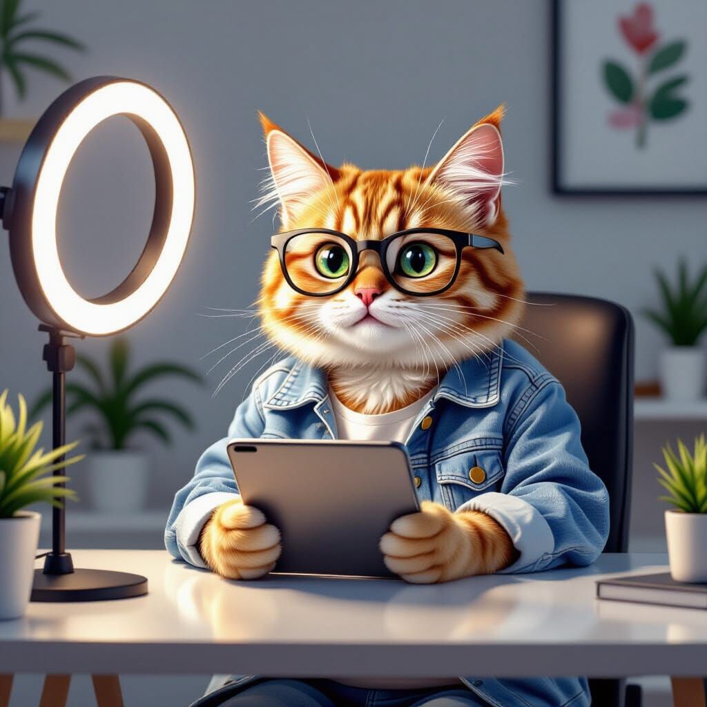 Gen Z Cat Recording Video with Tablet, Detailed Fur