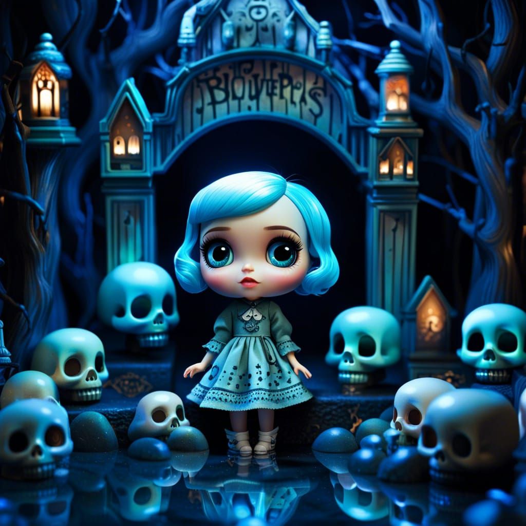 Pop Surrealism Doll in Cemetery, Digital Art