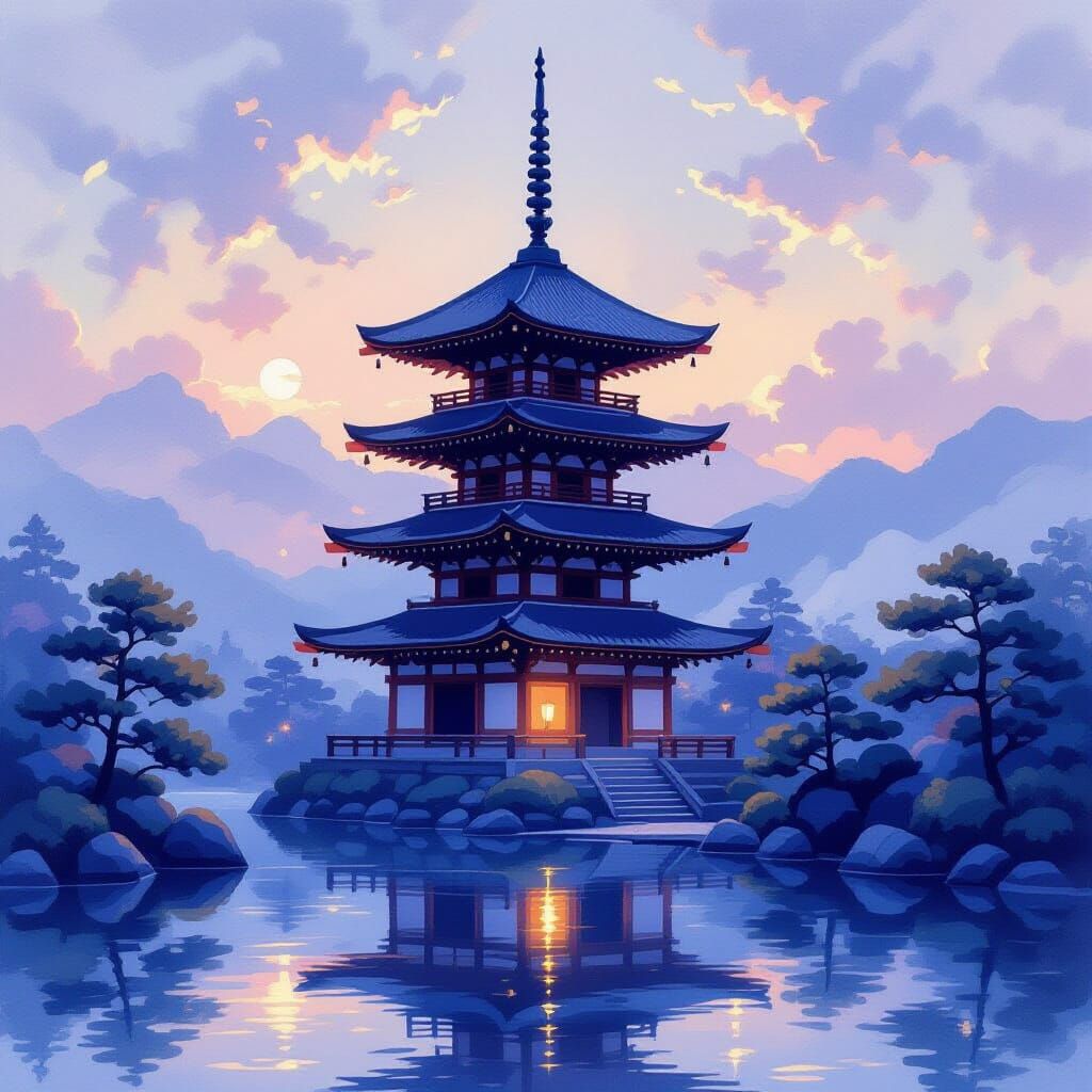 Ethereal Japanese Pagoda in Impressionistic Light