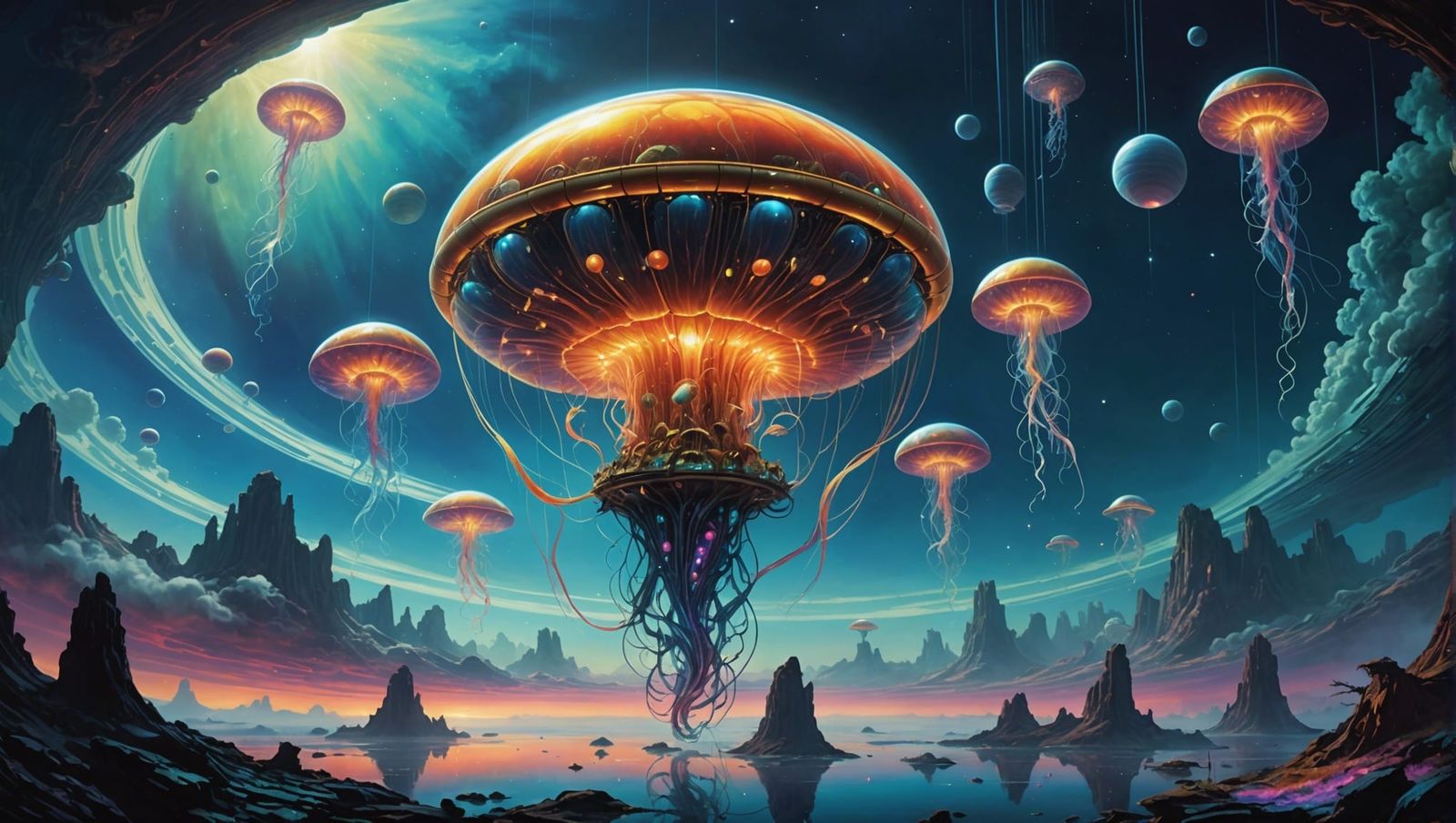 Futuristic Cyborg Jellyfish in Saturn's Clouds