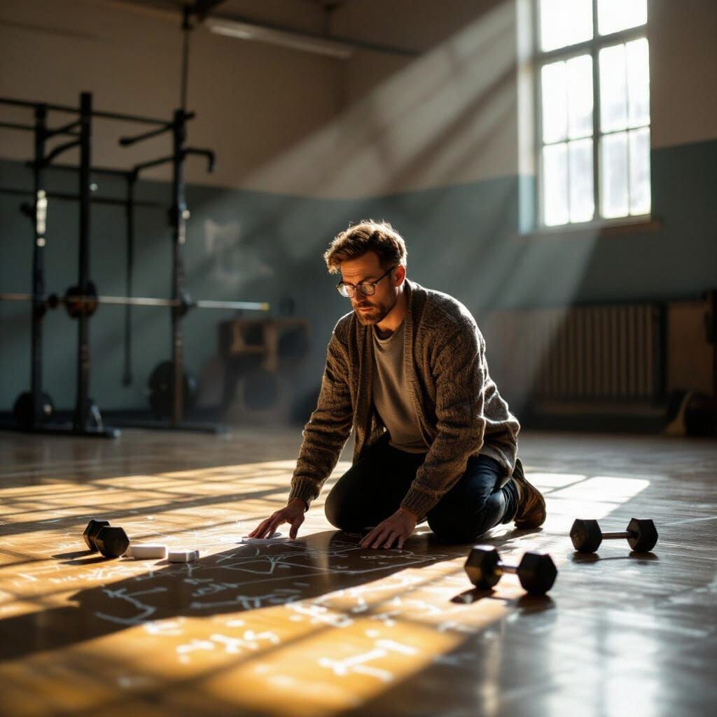 Math Teacher Kneeling Amidst Chalk Formulas in Gym
