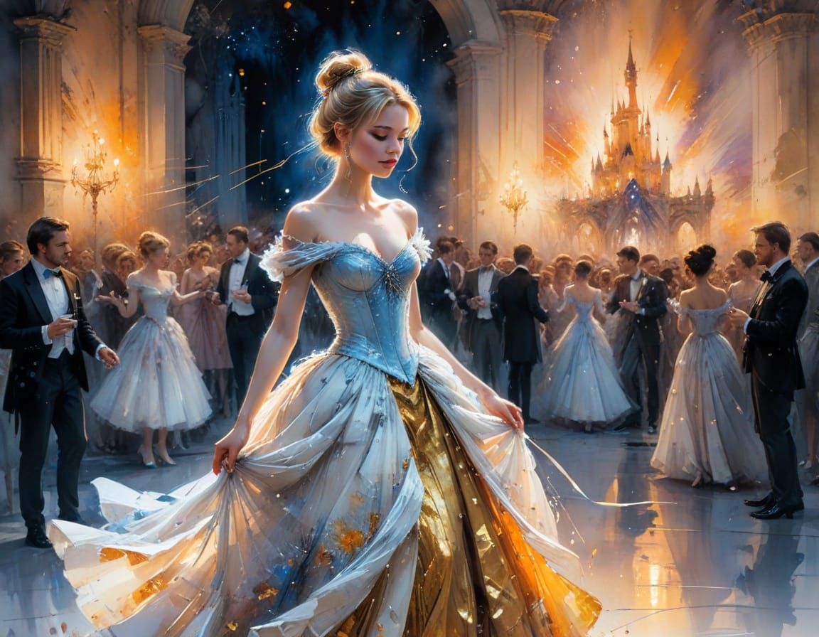 Cinderella at Midnight Ball in Watercolour Style