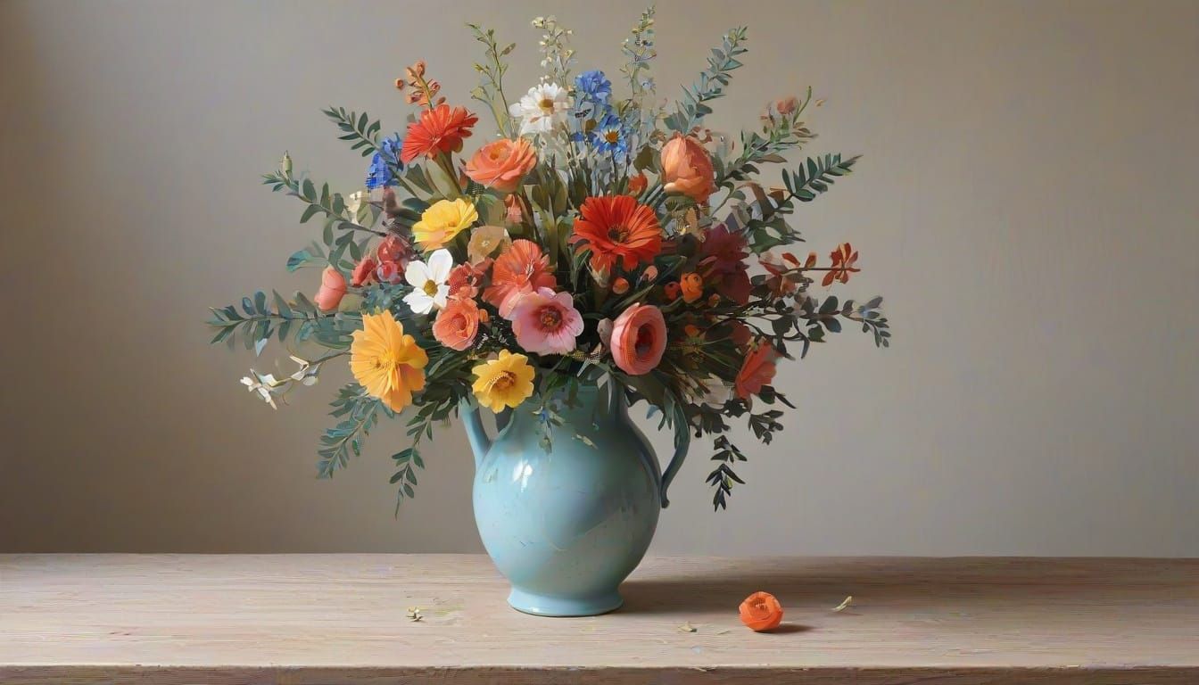 Maximalist Gouache Illustration of Flowers in Ceramic Vase