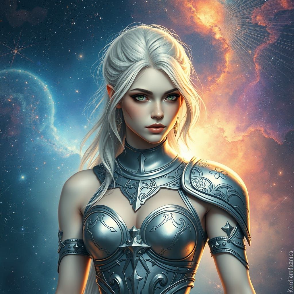 Ethereal Warrior Goddess in Vibrant Astral Cosmos